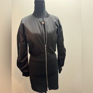 Zara Mini Quilted Black Bomber Jacket Dress with Silver Zipper